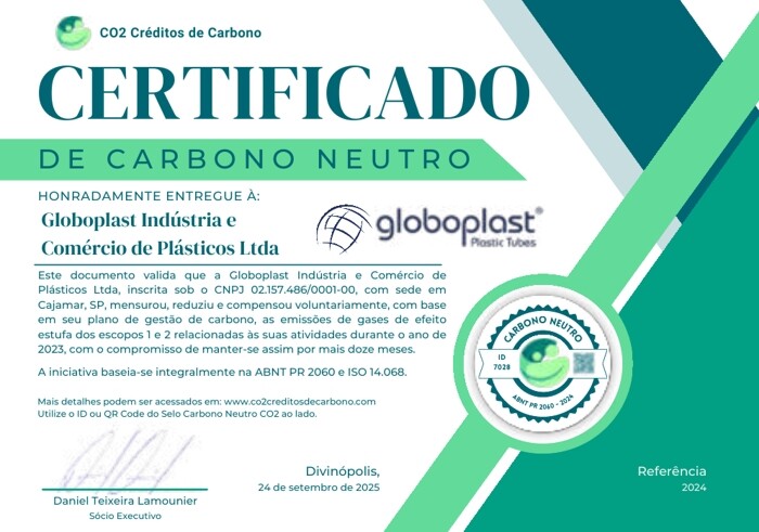 Imagem de certificado de carbono neutro entregue à Globoplast.