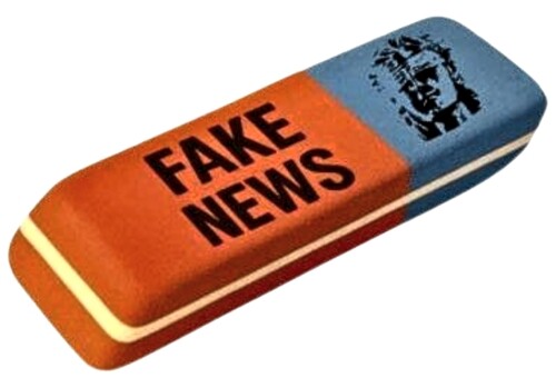 Foto de borracha parra lápis e caneta. Escrito "fake news".